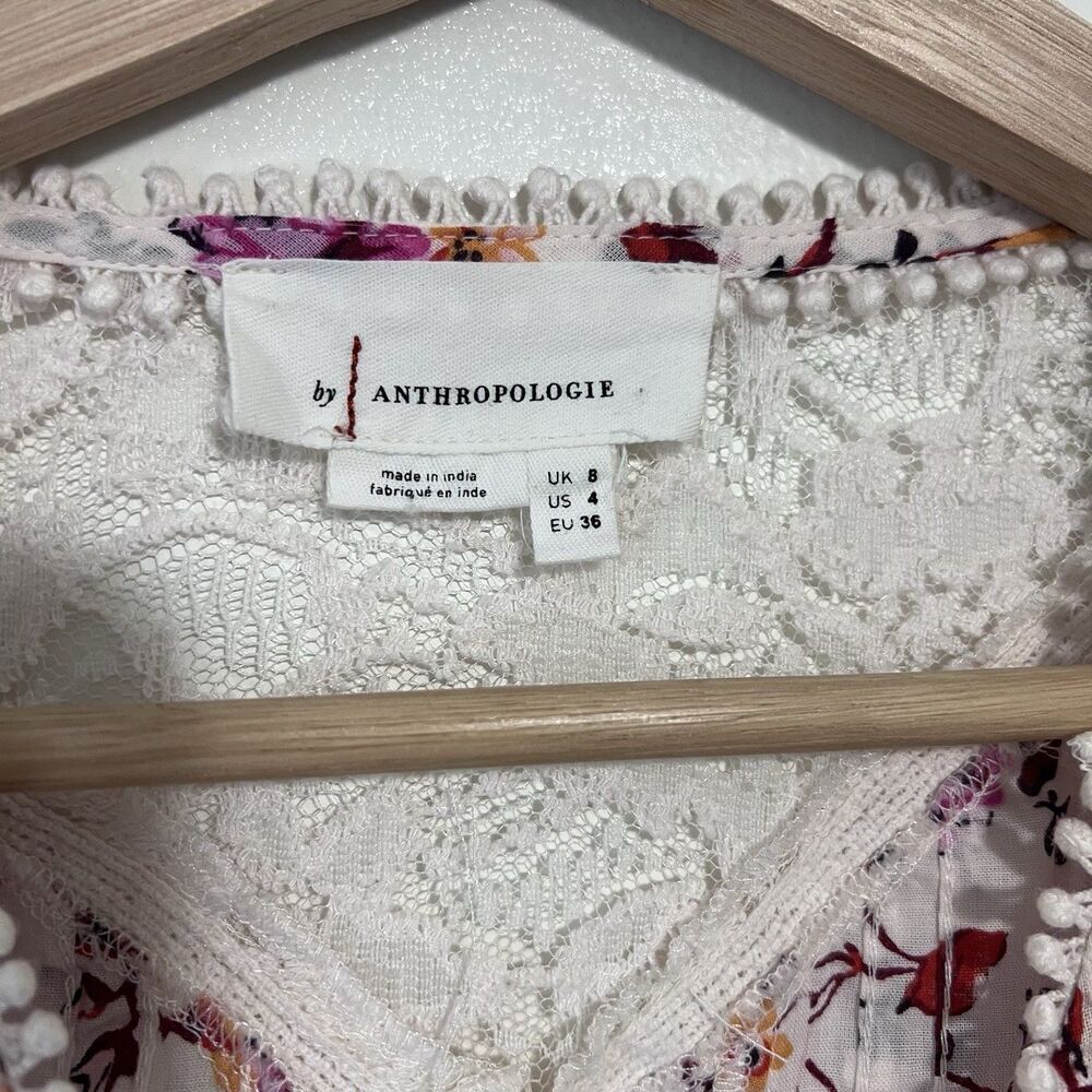 Anthropologie Puff Sleeve Floral Lace Trim Buttondown Blouse Top Size 4 Cottage - Picture 5 of 12